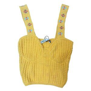 NWT ZARA Small Yellow Knit Crop Top W/ Floral Strap Dainty Detail Cotton